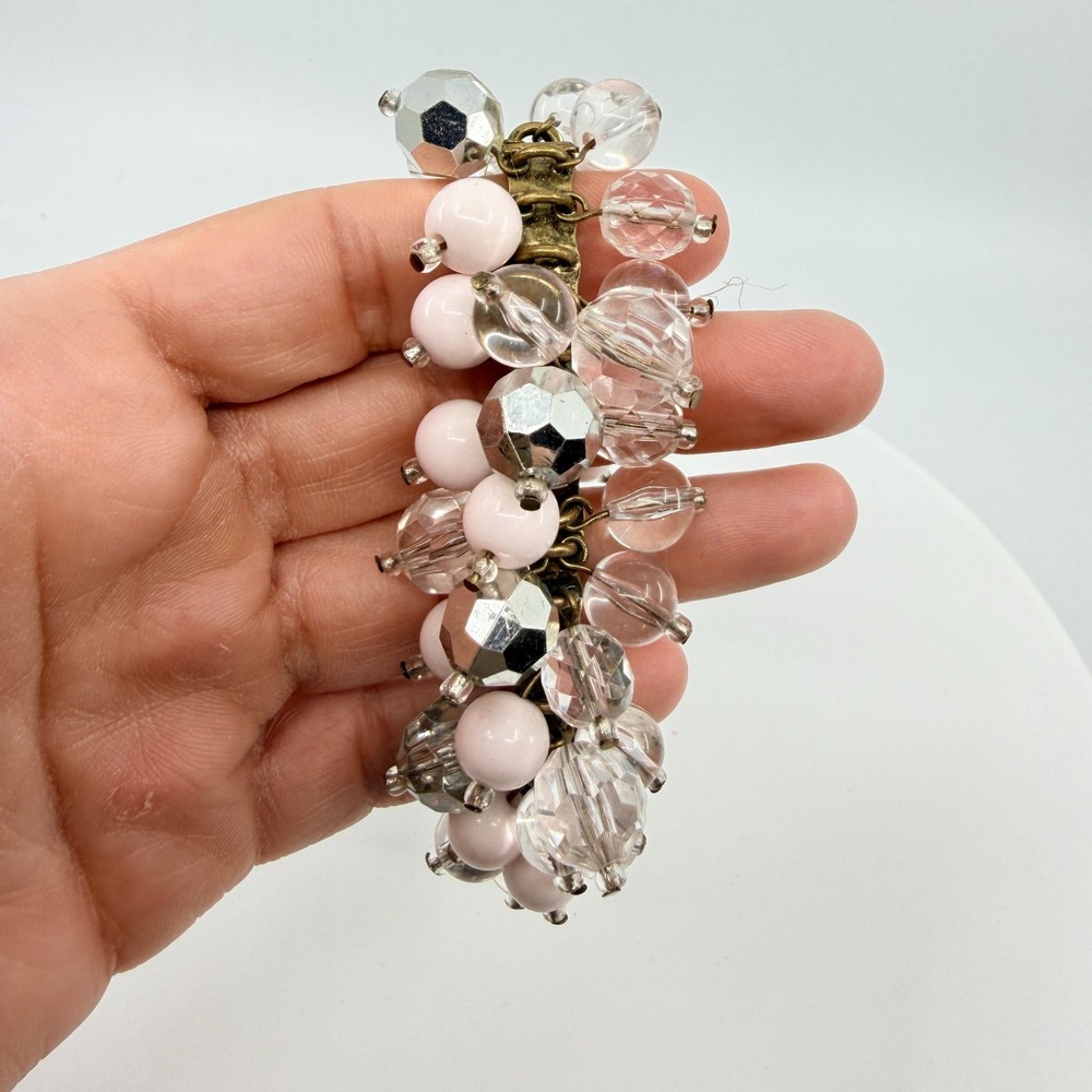 Vintage Y2K Pastel Pink &‎ Clear Faceted Bead Statement Stretch Bracelet Fashion